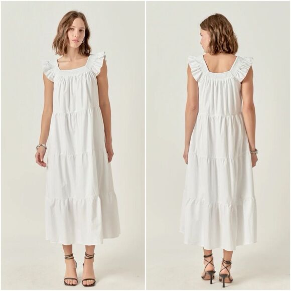 English Factory Square Neck Ruffle Pullover Tiered Midi Dress Cotton Size XS New - Picture 1 of 11
